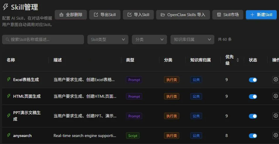 技能管理界面